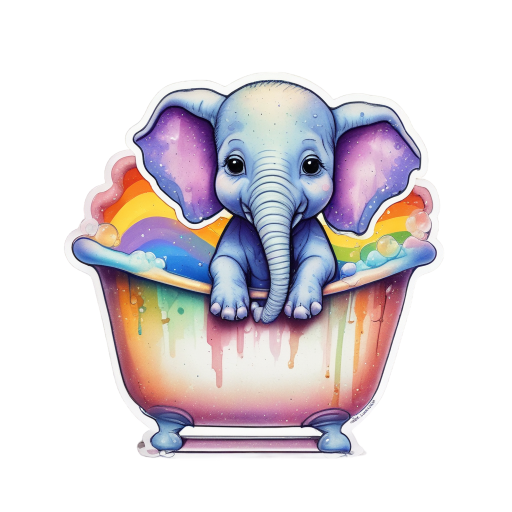 A baby elephant in a bathtub with holographic bubbles