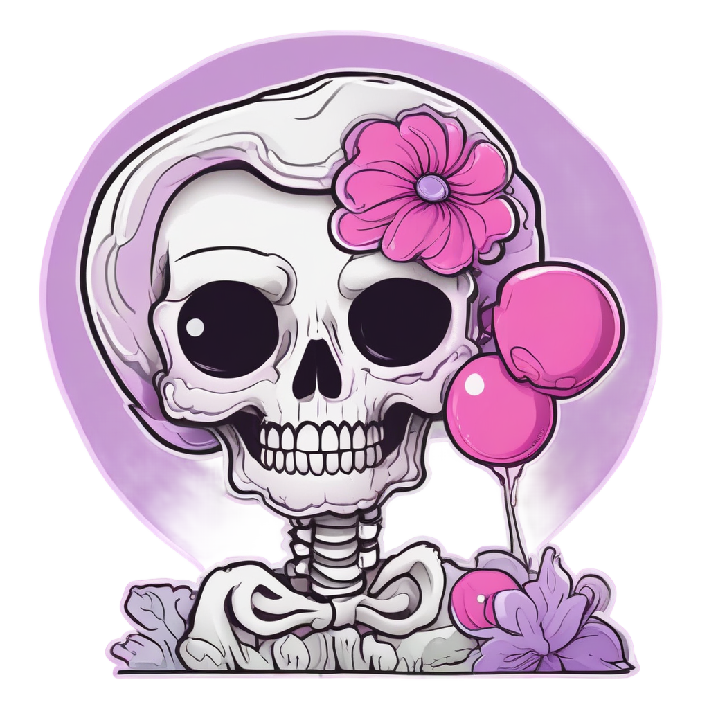 A skull sticker blowing a large pink bubblegum bubble.