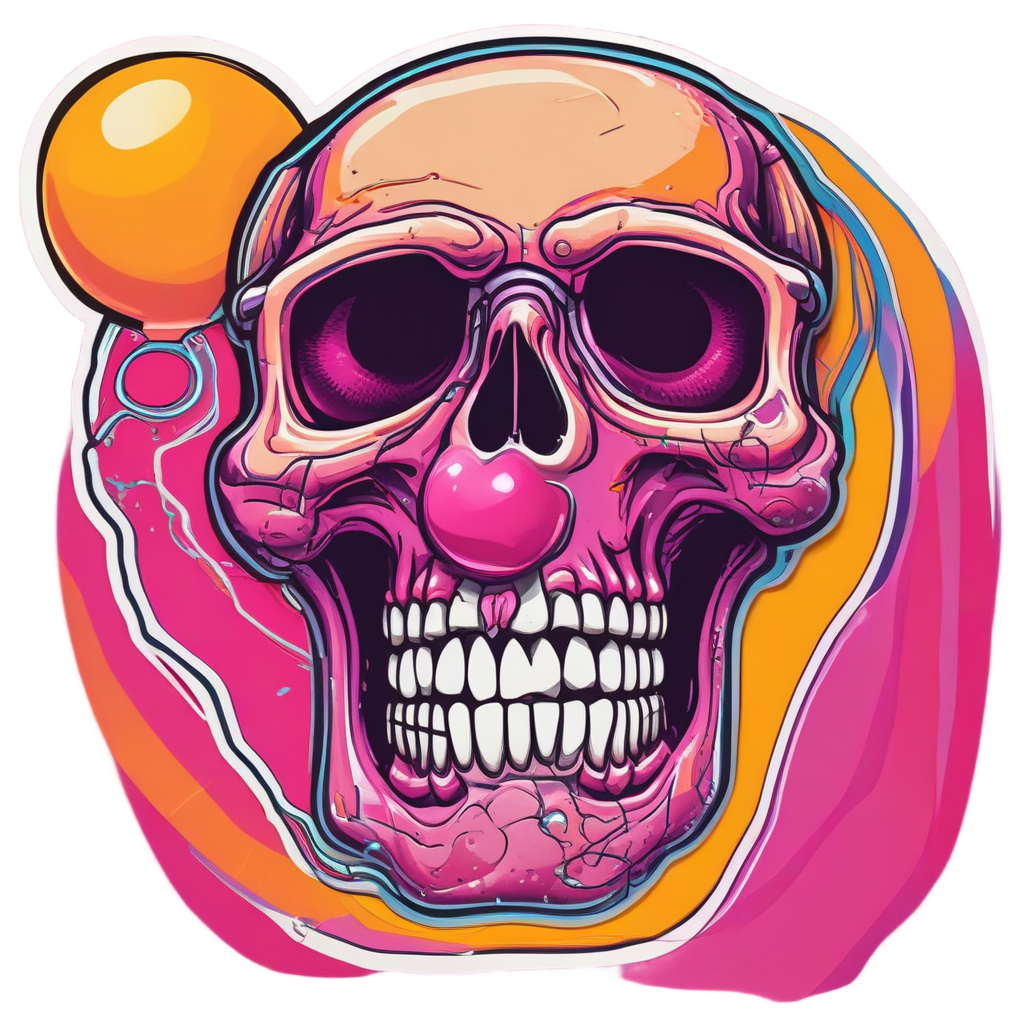 Retro war-stripe skull blowing bubblegum, yellow stripes, die-cut sticker