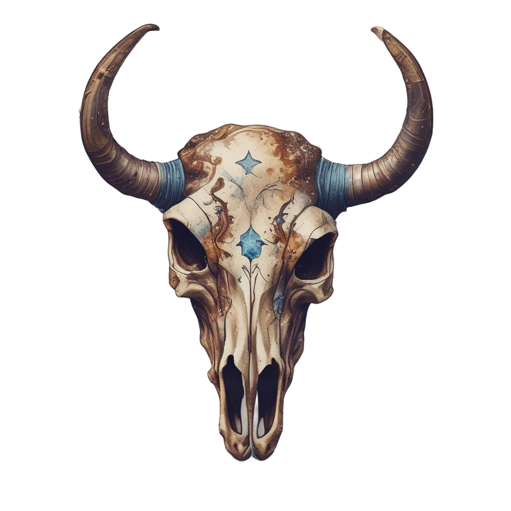 A bull skull with constellation horns and a galaxy spiral in papercut