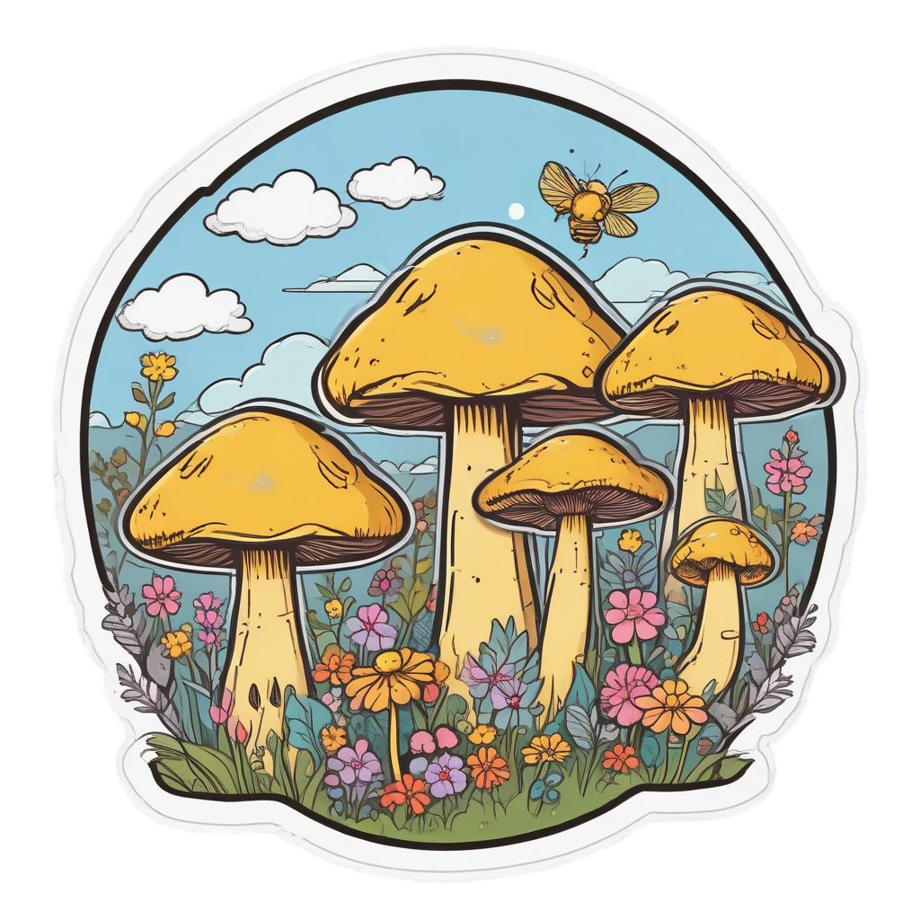 Three yellow and black striped mushrooms with wings holding flowers.