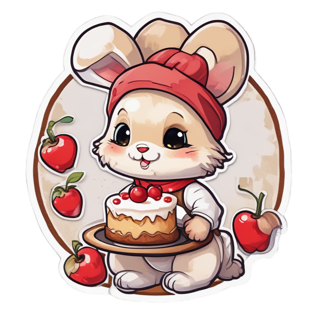 Chibi tan bunny baker holding a frosted cake