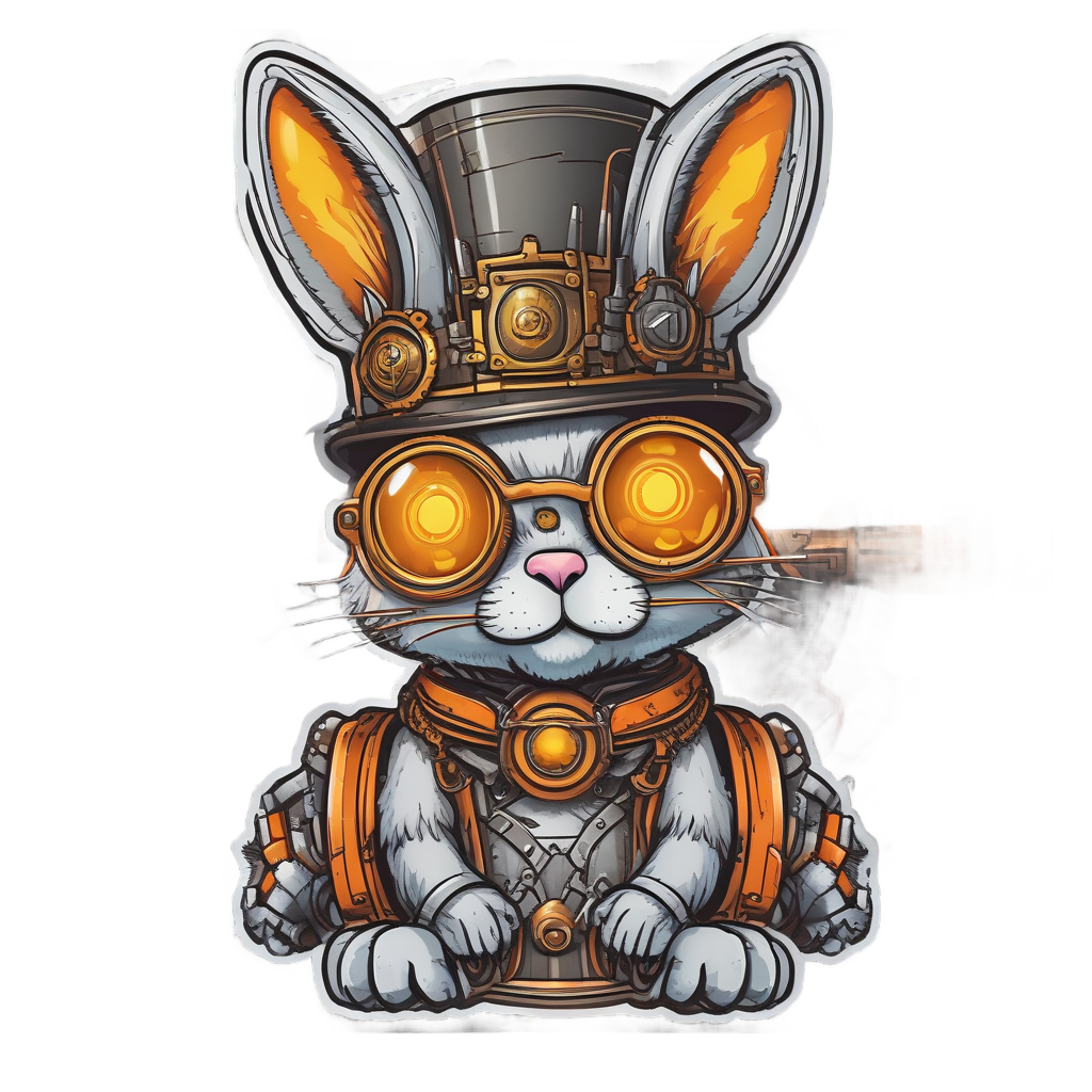 Neon silver steampunk bunny mechanic with wrench and glowing gear