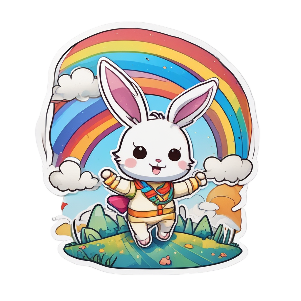 Chibi bunny running with a rainbow star kite, blue sky