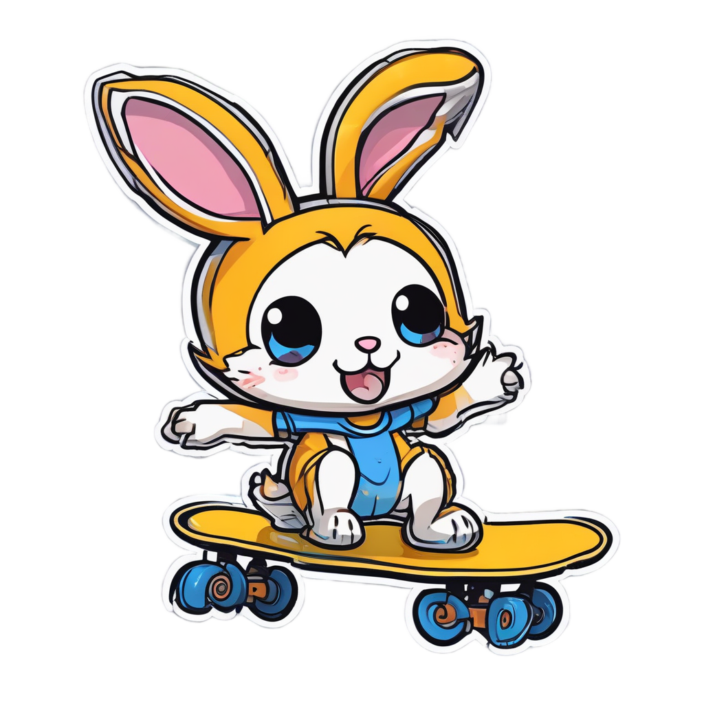 Kawaii chibi bunny skateboarding mid-air kickflip
