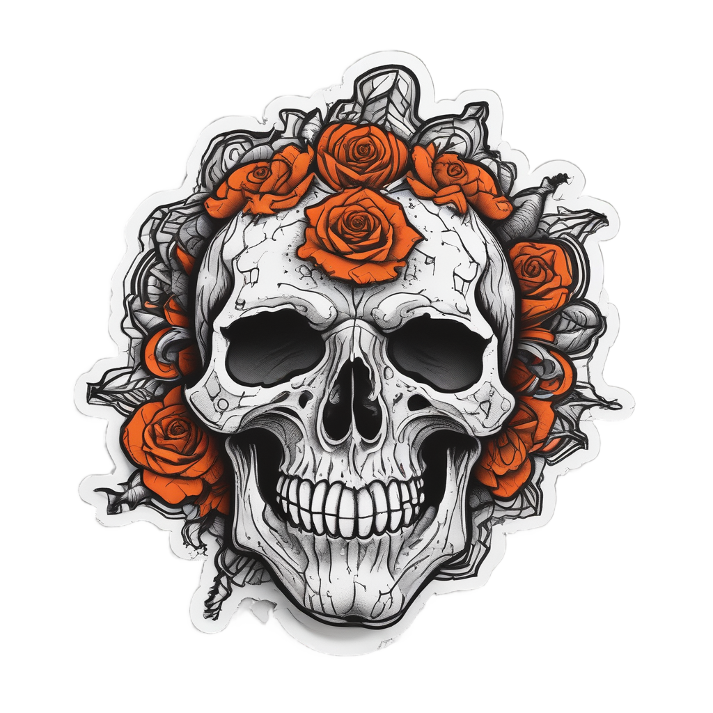Papercut skull with a flaming thorned rose and falling embers