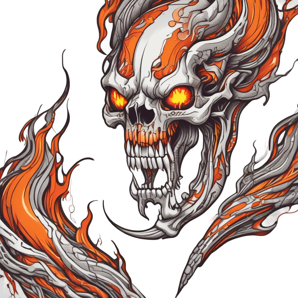 Orange and black snake skull on fire with jagged flame lines