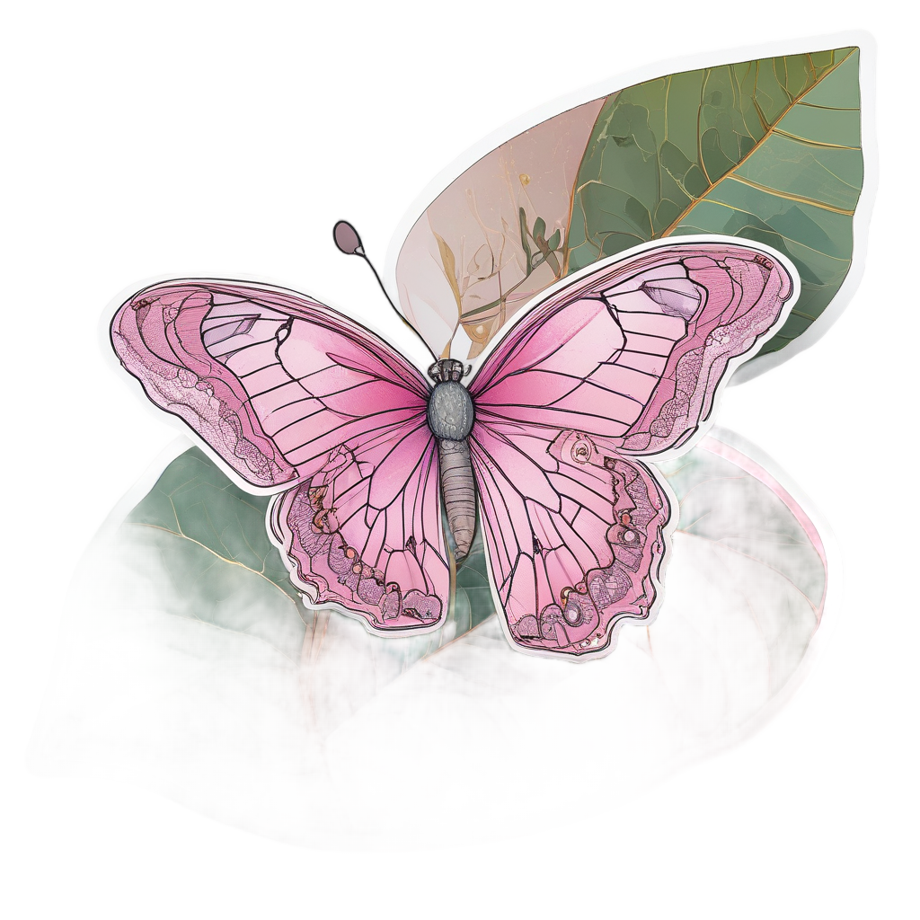 Die-cut sticker of butterfly on eucalyptus line-art with holographic pink and gold