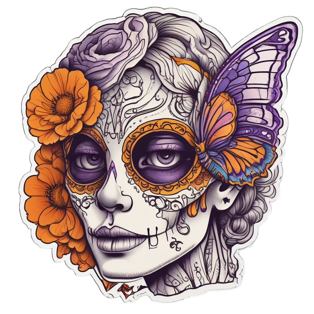 A side profile calavera skull with a marigold butterfly wing