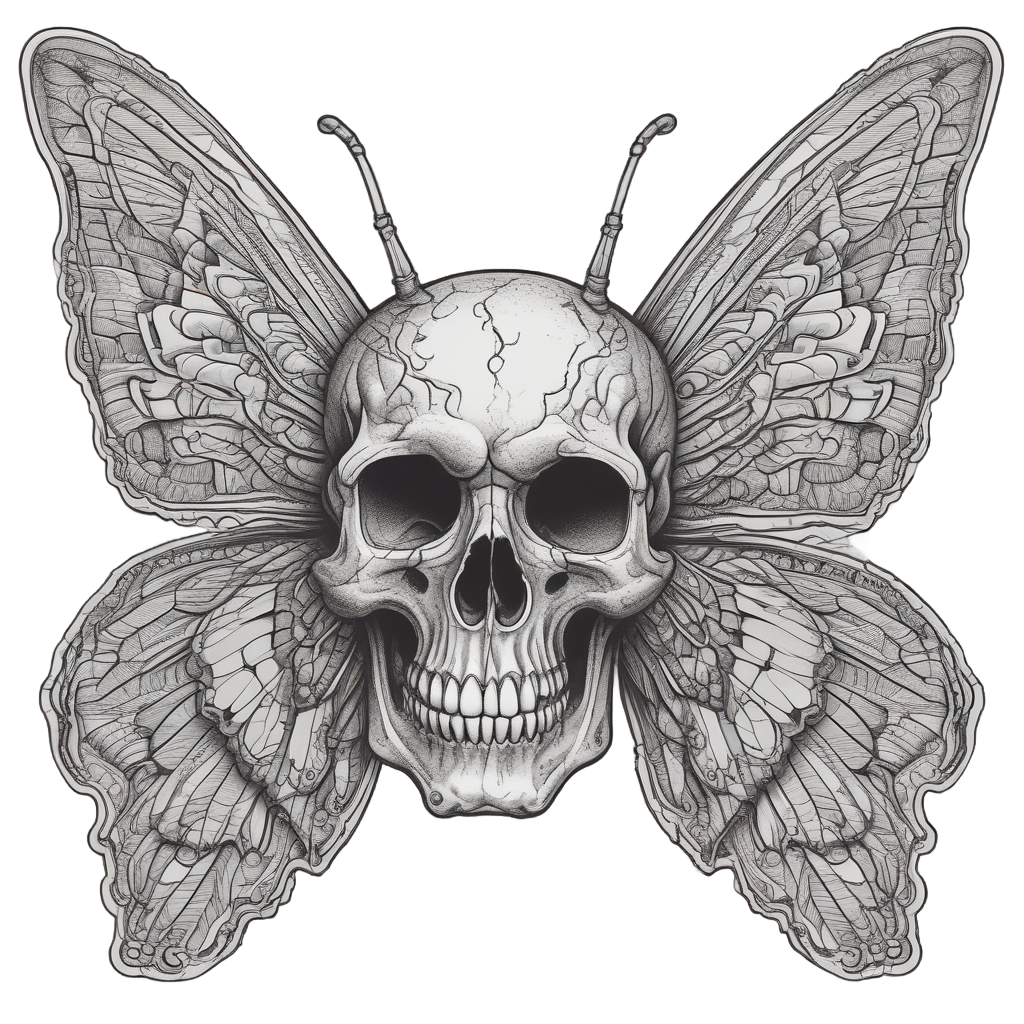 Die-cut sticker of a butterfly shaped skull made of hands, tattoo art style.