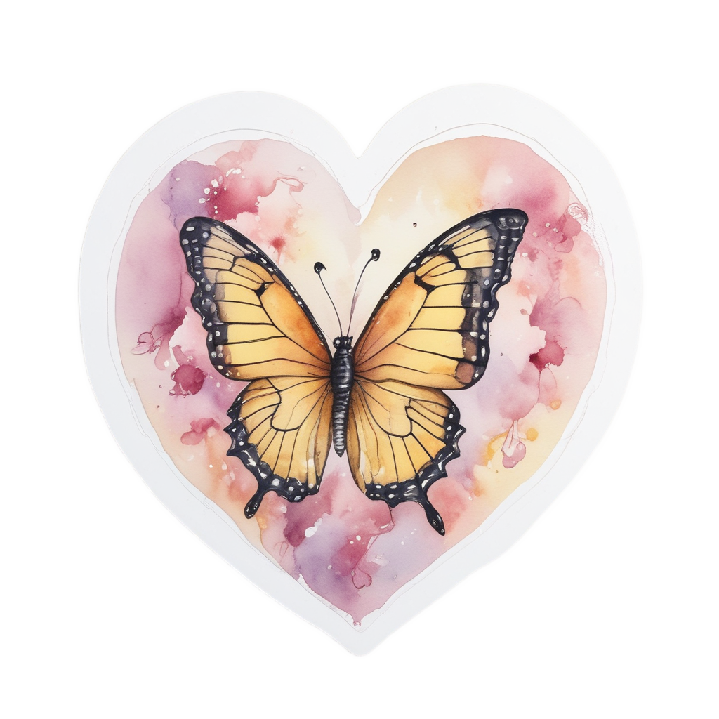 A blushing heart with a yellow butterfly on its side against white.