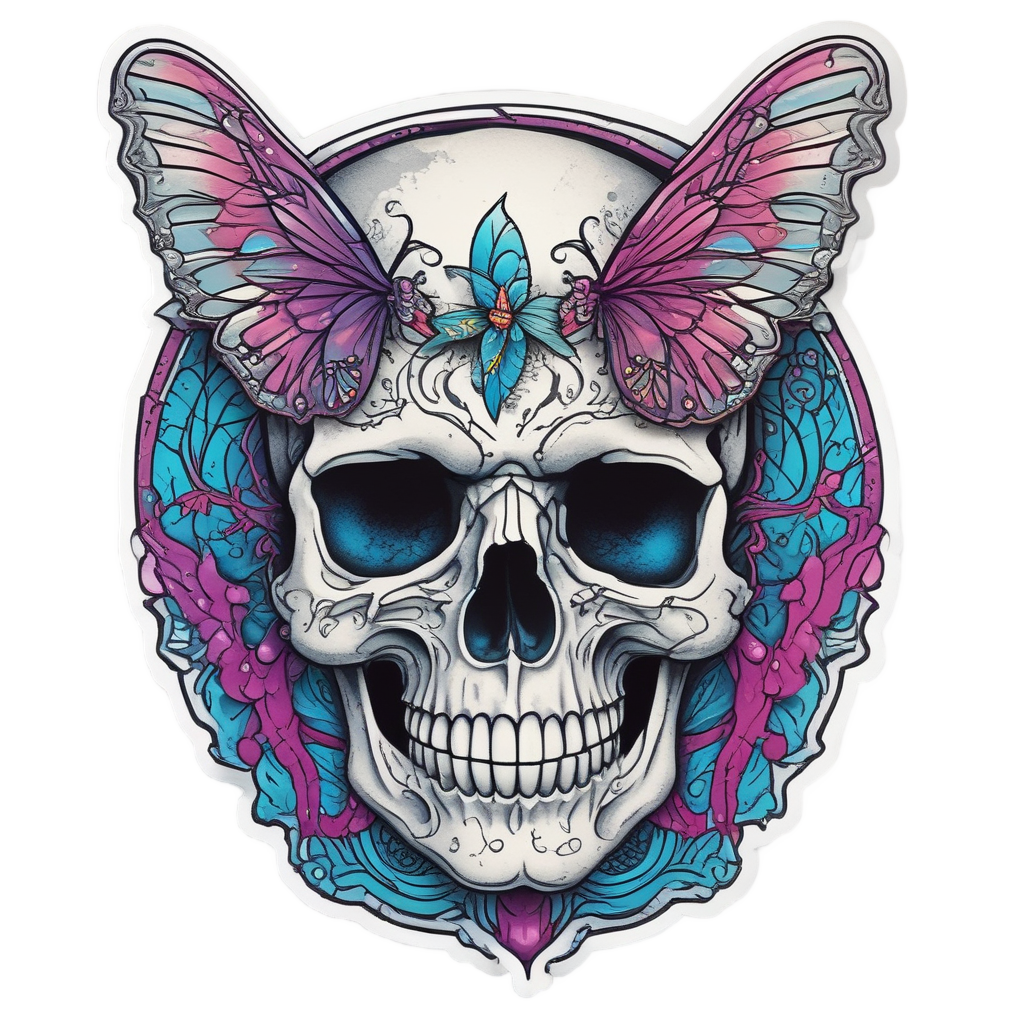 Boho moon-arch skull with butterfly wings as cheekbones and a butterfly on the jaw