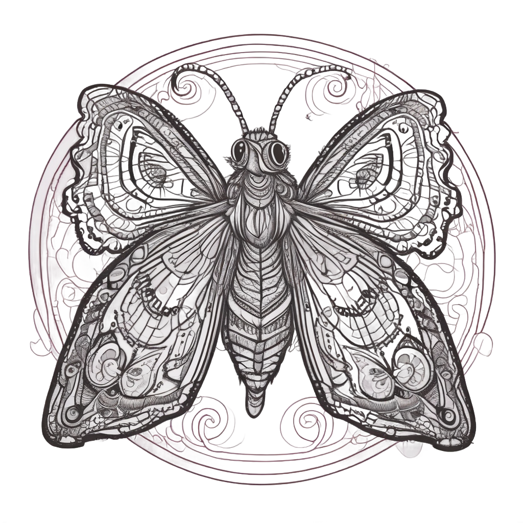 Whimsical blackwork moth-butterfly hybrid dancing with curled antennae and fuchsia accents