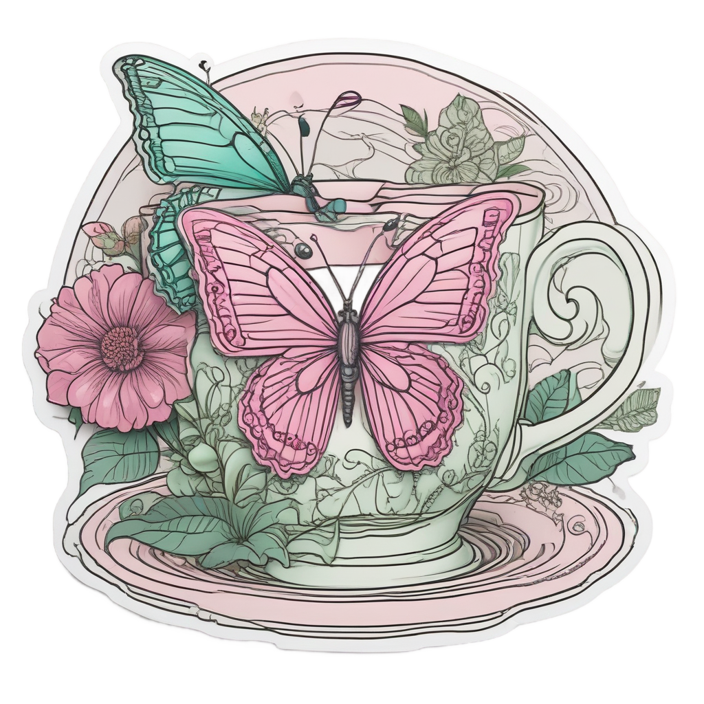 Butterfly on Tea Cup — fine-line flash stickers