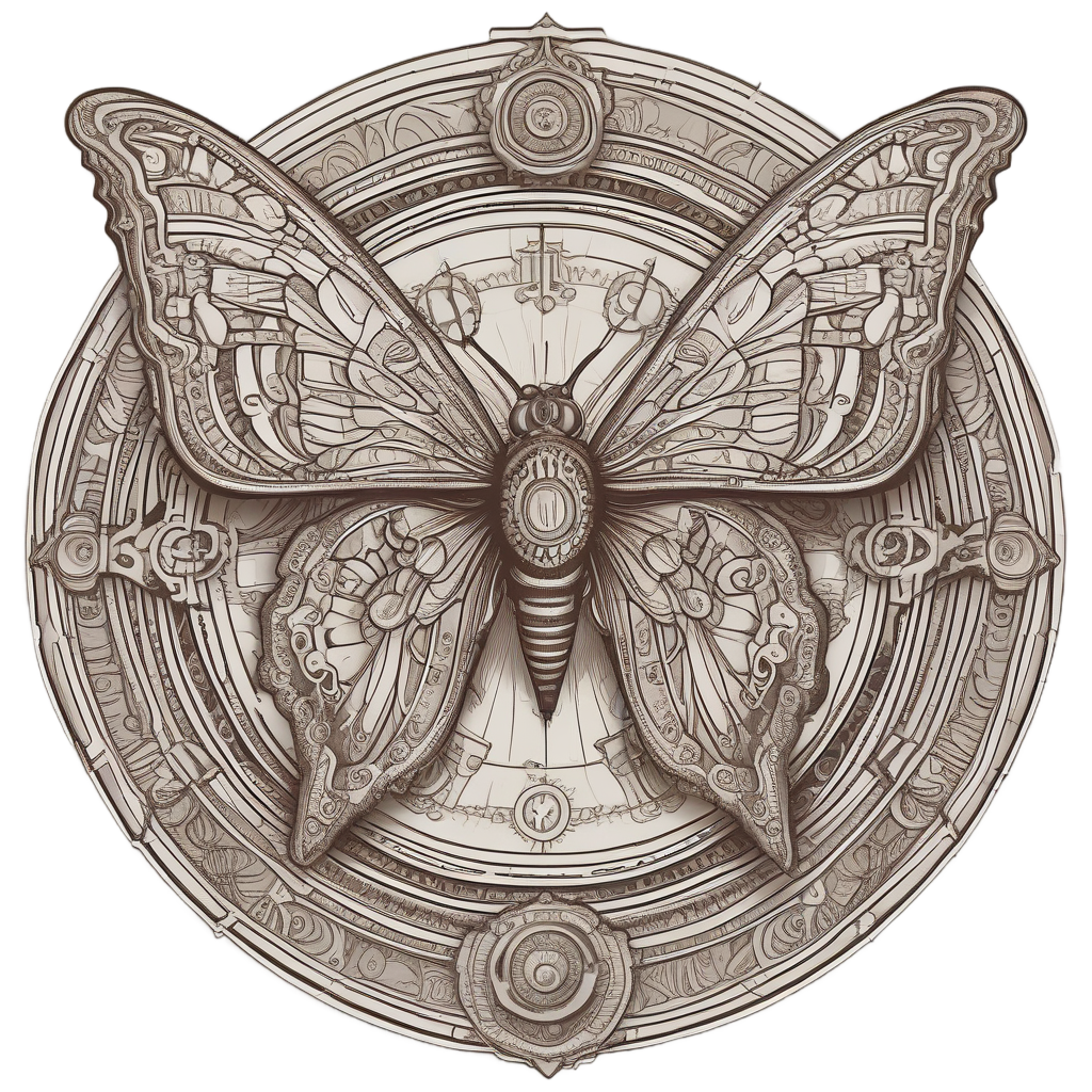 A butterfly with detailed wings sits on the hands of a pocket watch in sepia fine lineart.
