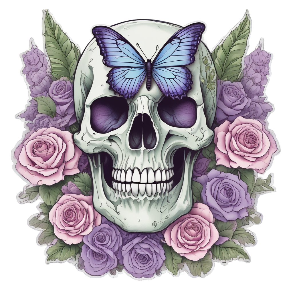 Skull with roses and butterfly wings sprouting from ears