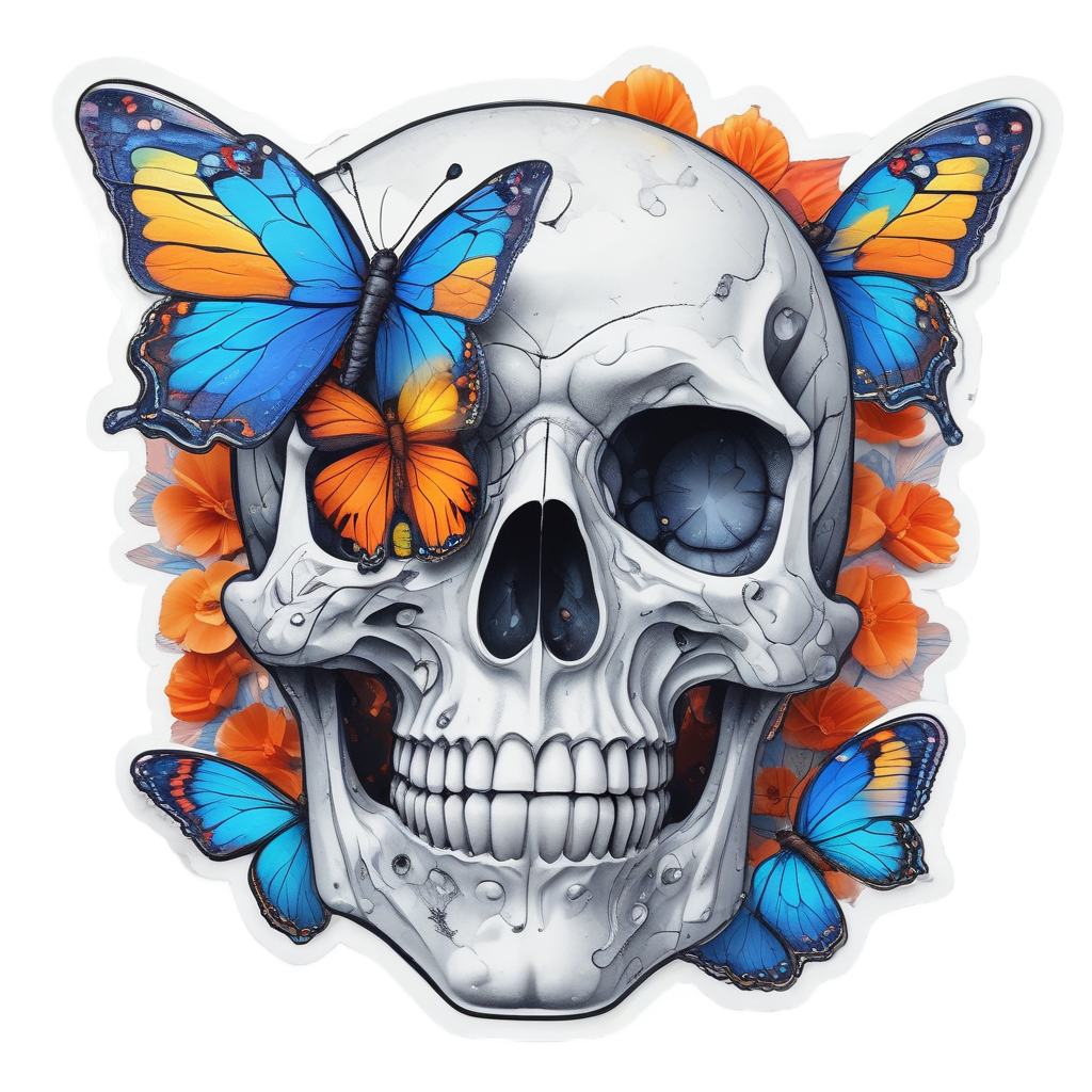 Holographic skull with petals turning into orange and blue butterflies