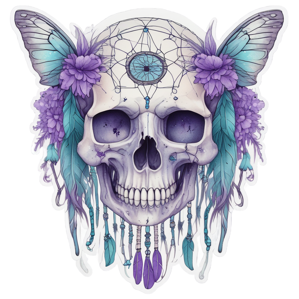 Soft purple and turquoise watercolor dreamcatcher skull with butterflies emerging from the web and eyes