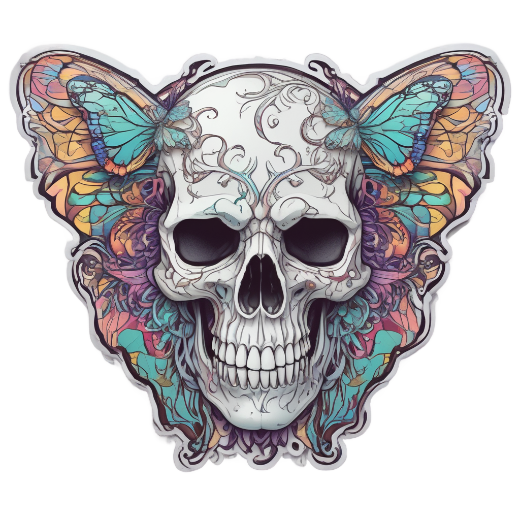A holographic skull with rainbow butterfly vines