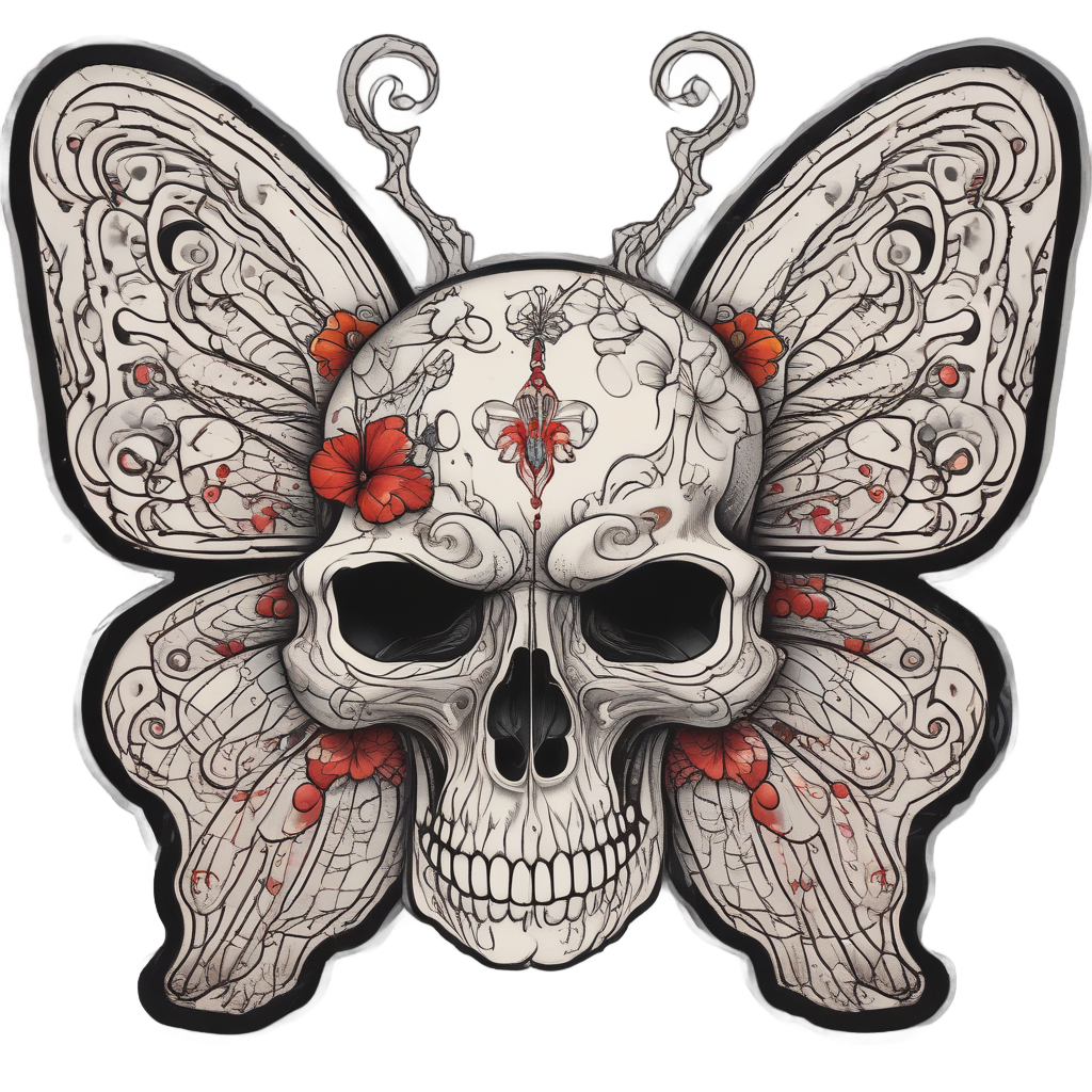 Black ink skull with cream butterfly wings and tiny red wingtips on white background.