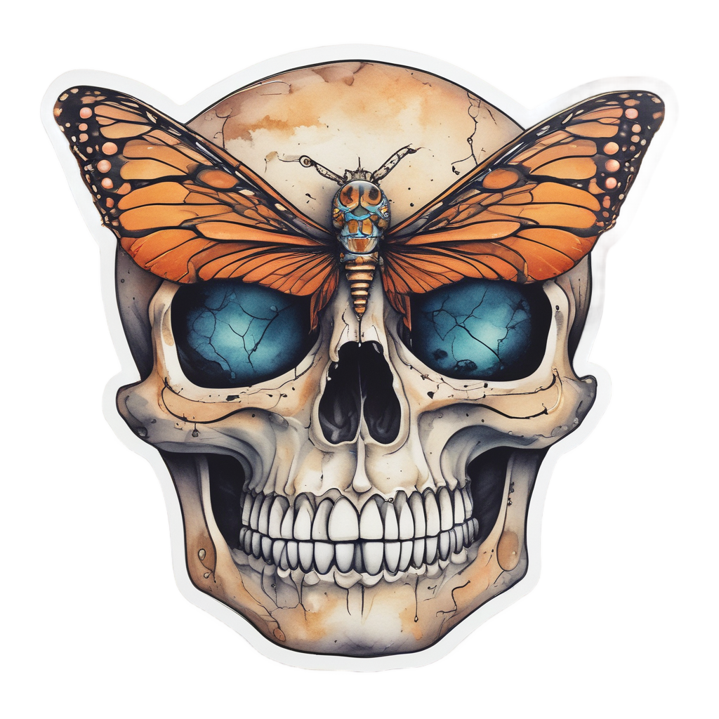A skull with a butterfly wing third eye in watercolor orange and black