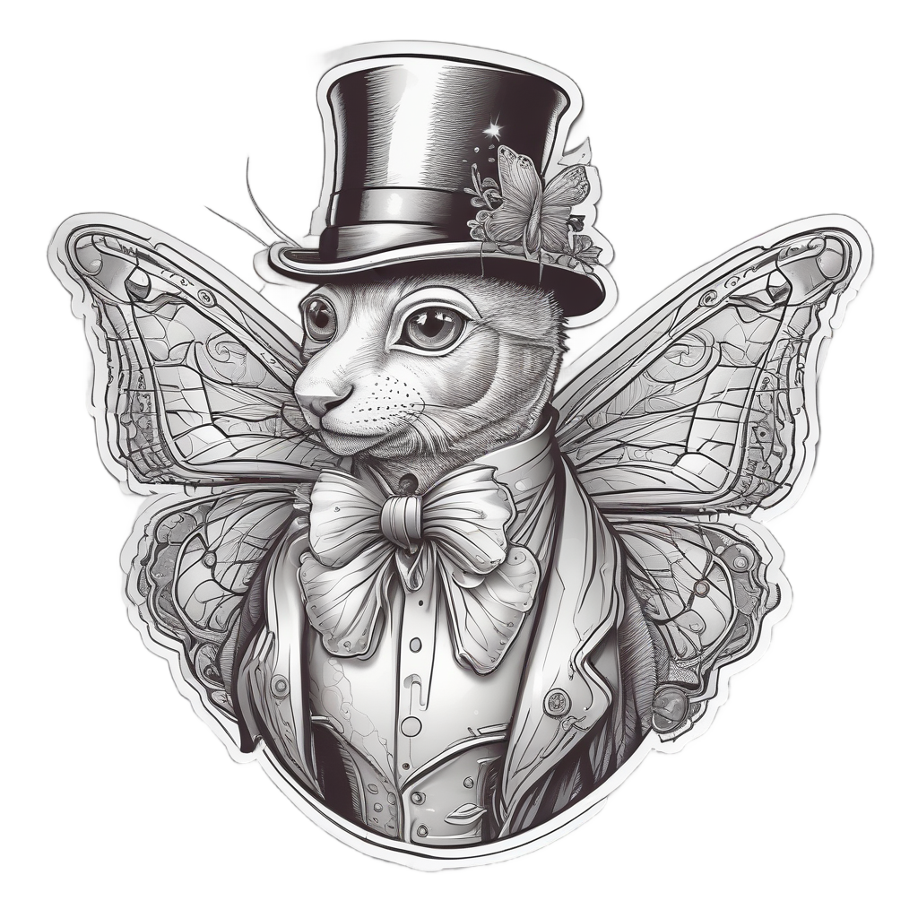 A butterfly wearing a top hat and monocle bows in intricate black and grey fine lineart.