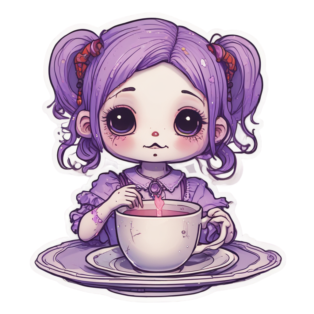 Button-eyed tea time — slasher vibe stickers