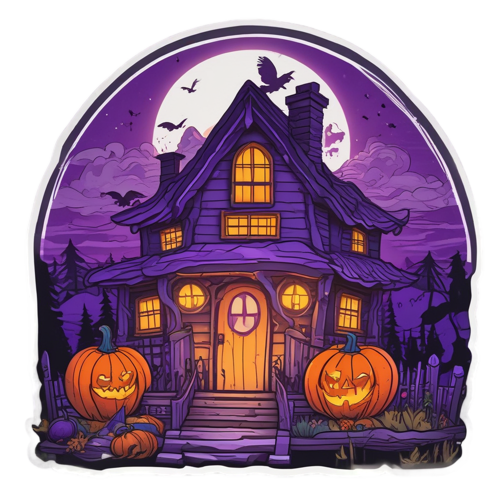 Cabin with Neon Pumpkin — slasher vibe stickers