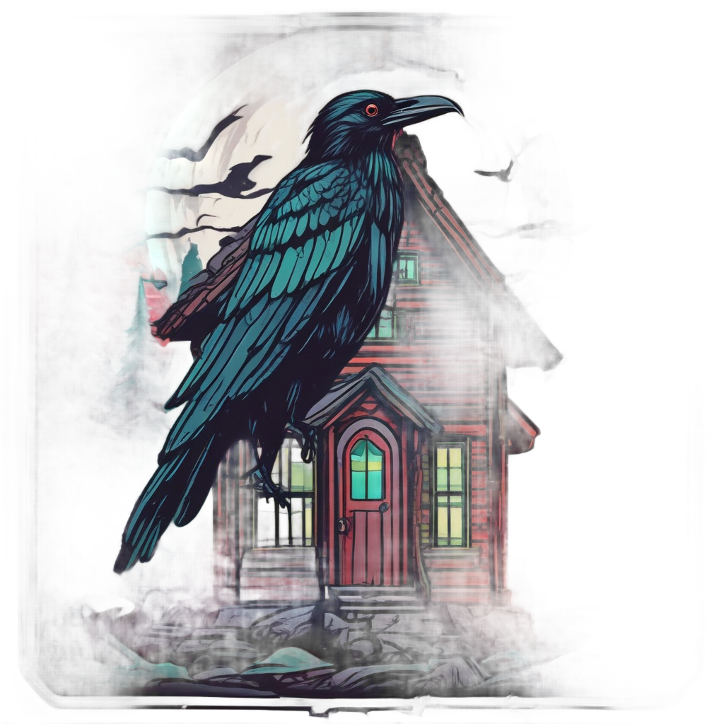 Cabin with Neon Raven — slasher vibe stickers