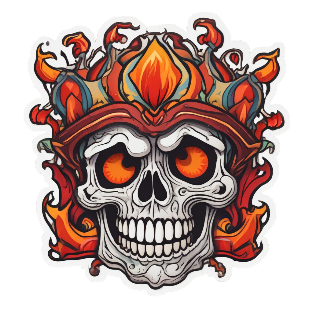 Laughing inferno skull in a jester hat with flame bells