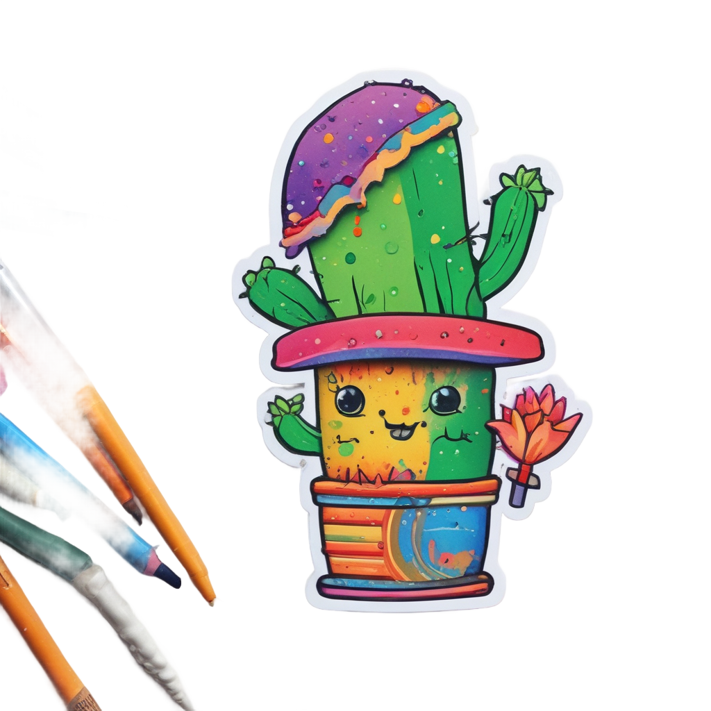 A cactus in a beret painting on a small easel with colorful splatters
