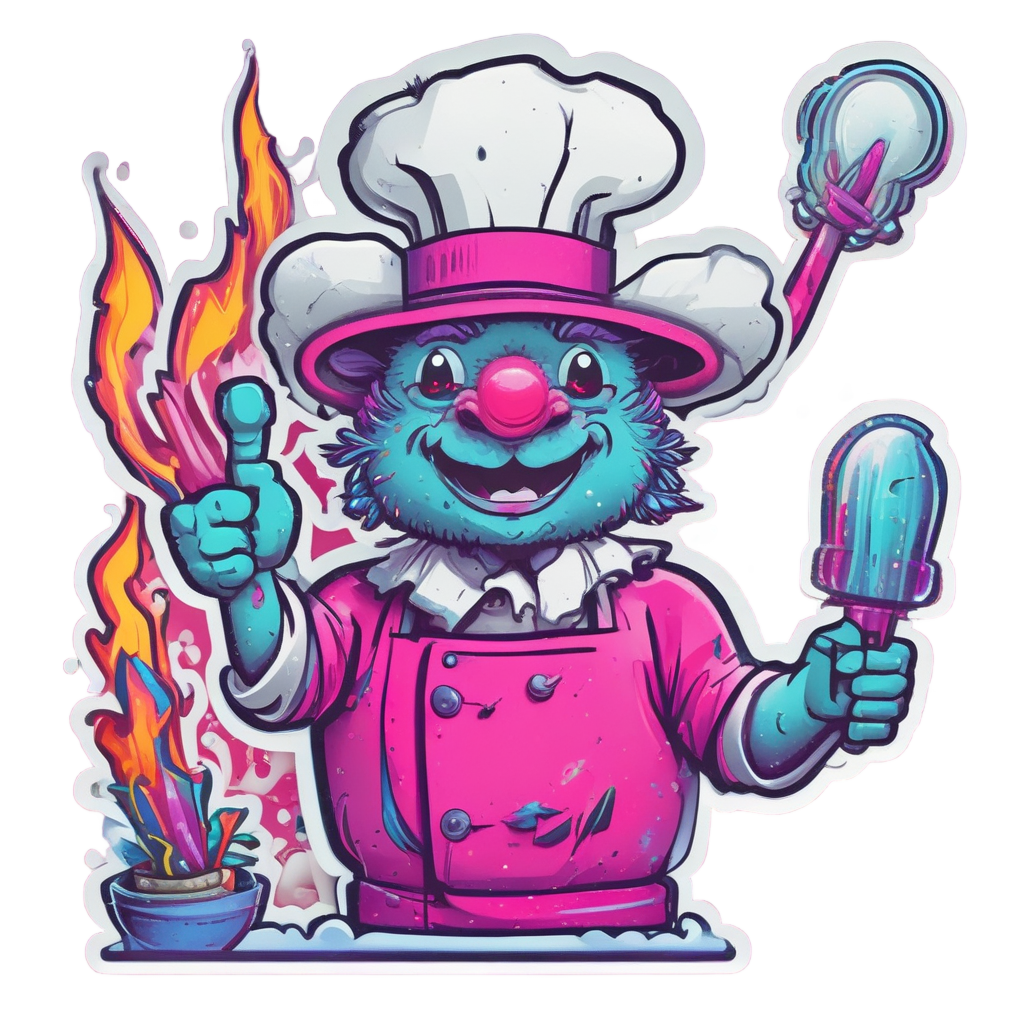 A neon cactus chef flipping a flaming spatula