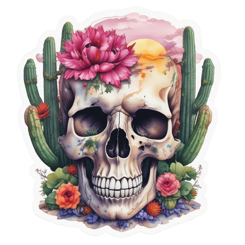 A skull with a saguaro cactus on top and small flowers, watercolor.