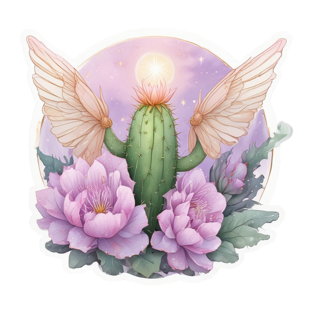 Cactus fairy with wings and star floating over flowers, watercolor