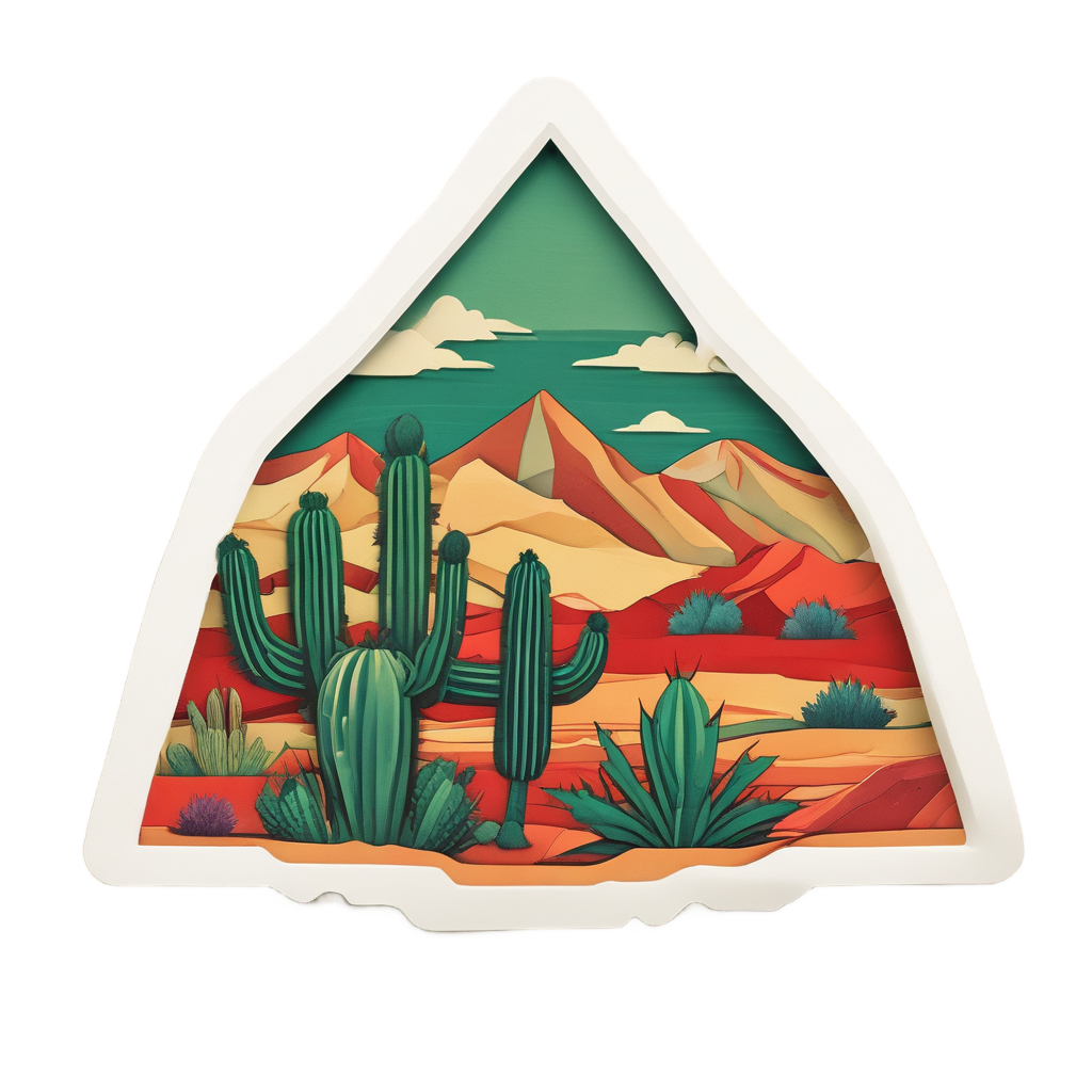Papercut caution triangle sticker with a cactus inside and desert background
