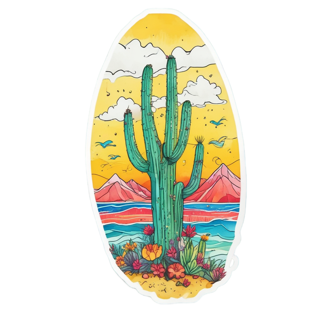 Watercolor cactus riding a surfboard on a wave with ocean colors