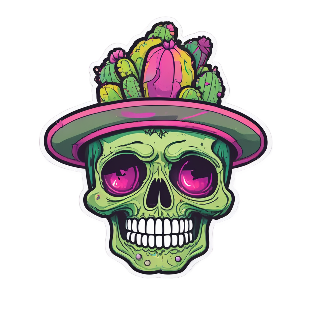 Cactus hat wearing skull with pink blush and neon green accents