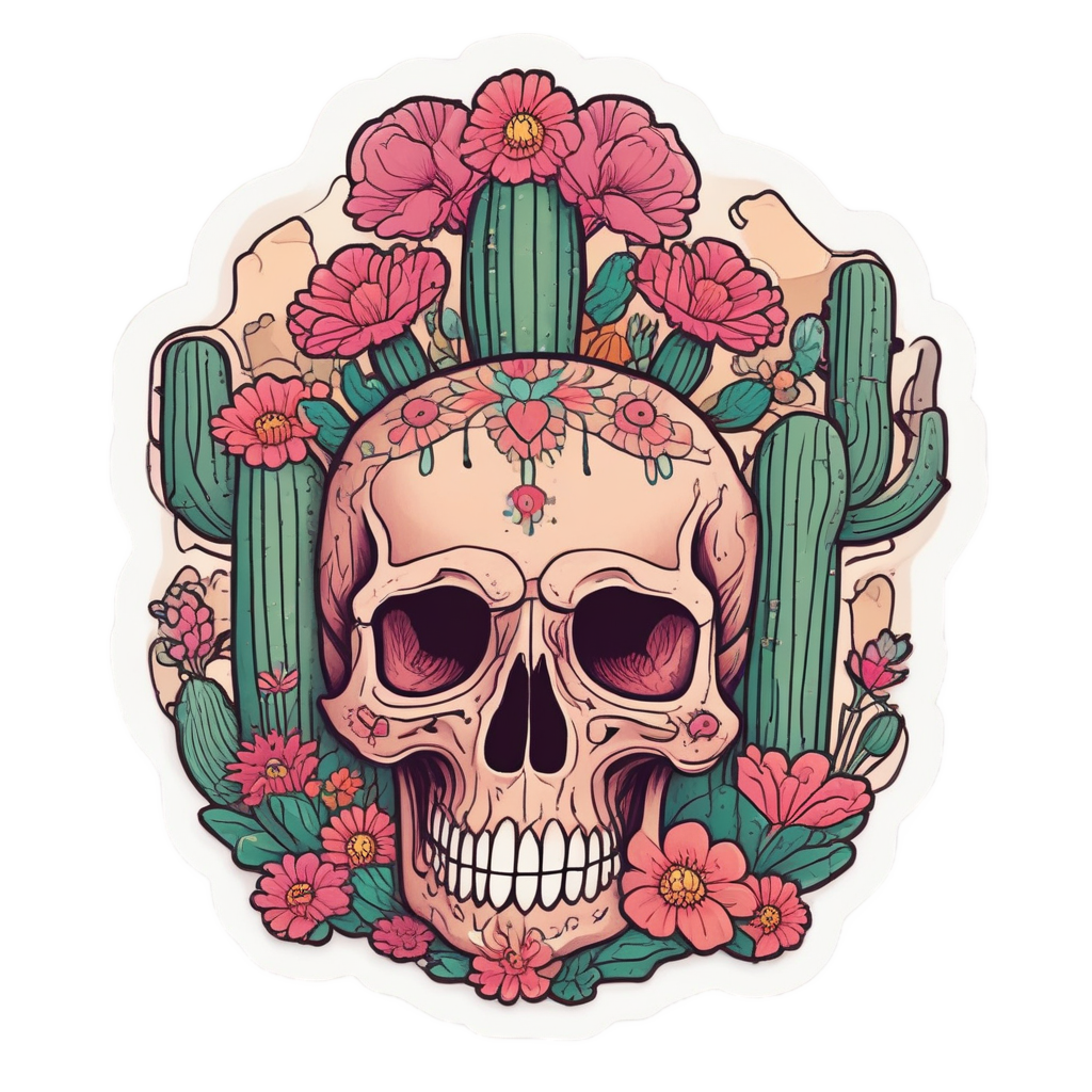Cactus Skull Smile — line-art skull stickers