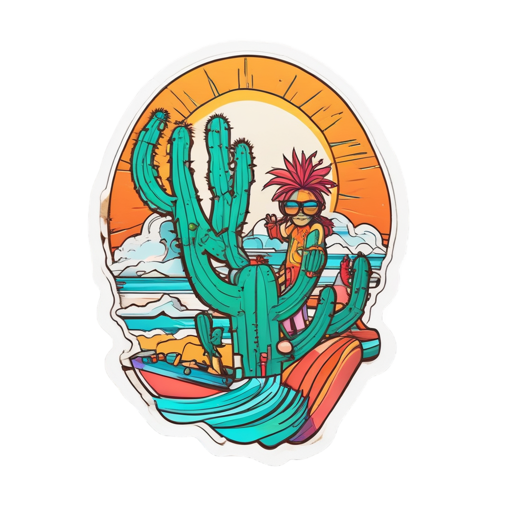 A line art cactus surfing on a wave, die-cut sticker