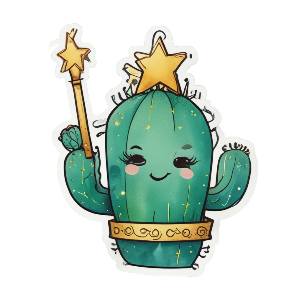 A cactus winking while holding a golden star wand with sparkles