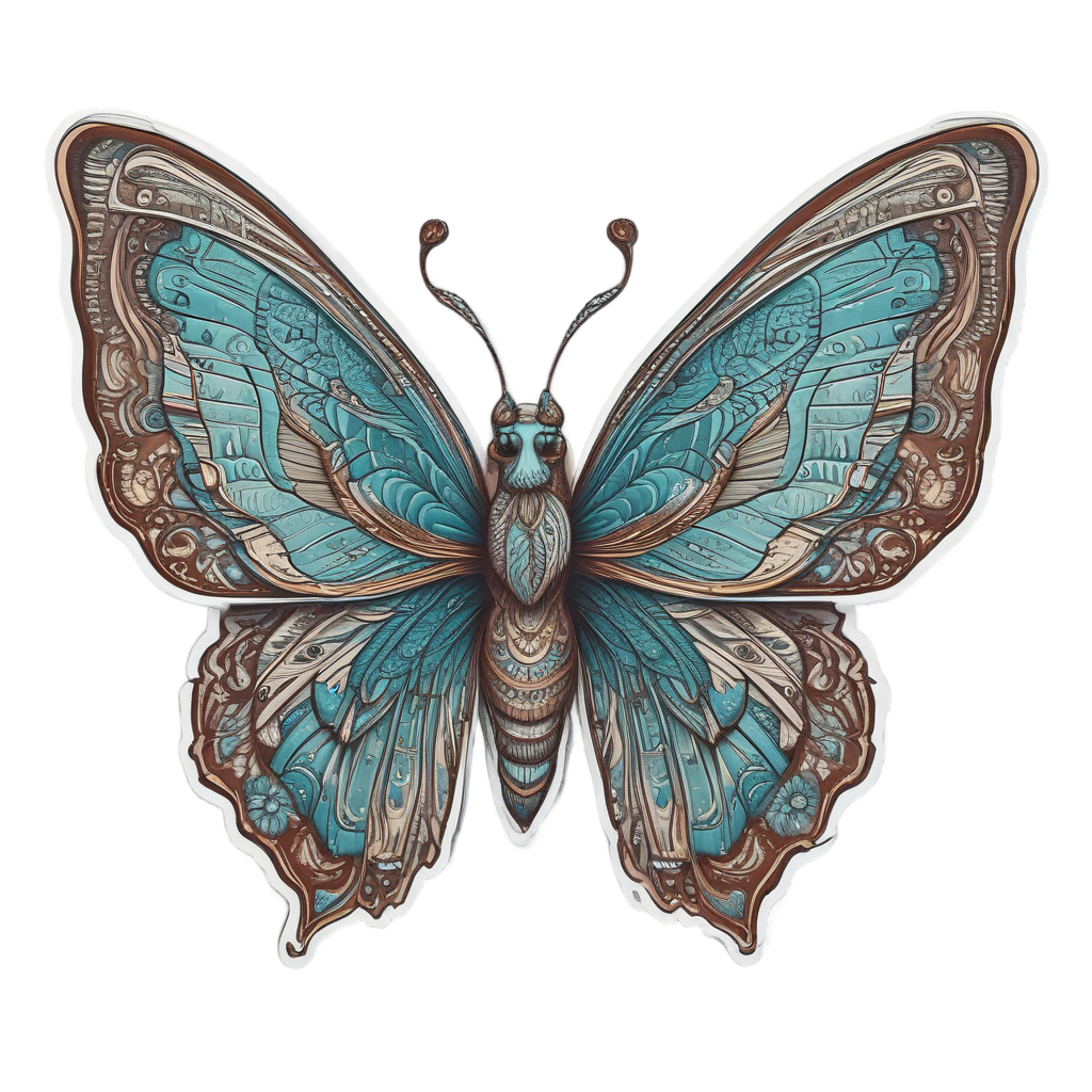 Line art sticker of a butterfly calavera reading a book with page-patterned wings.