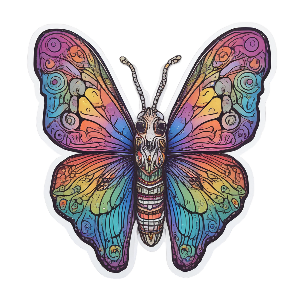 Neon rainbow holographic butterfly calavera sticker floating upside down