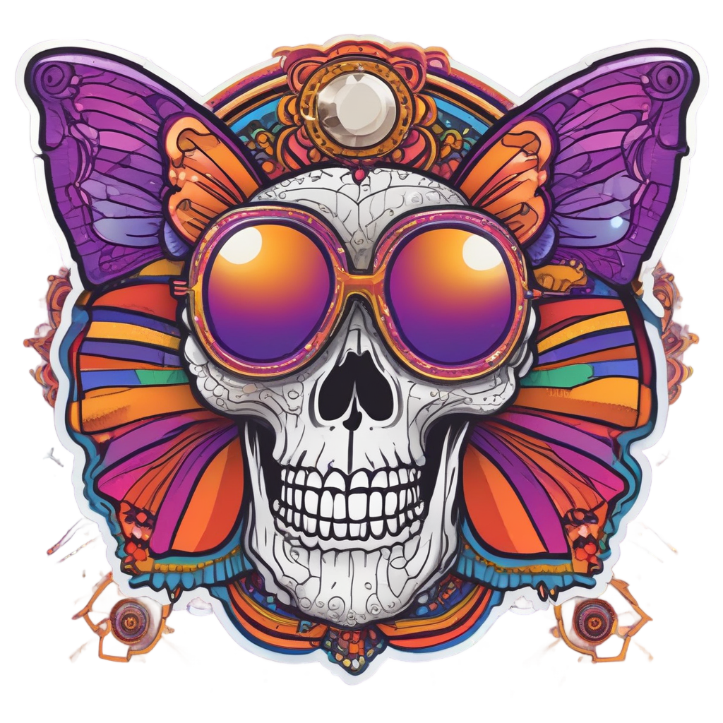 A disco butterfly calavera with an afro and rainbow wings, reaching for a disco ball, on a plain white background with a thick white border.