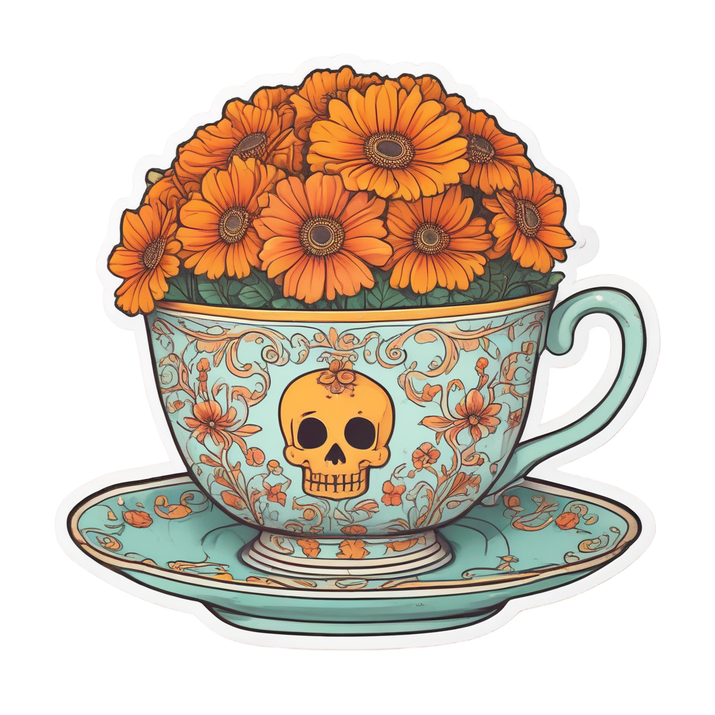 Tiny sugar skull peeking from teacup with marigold pattern
