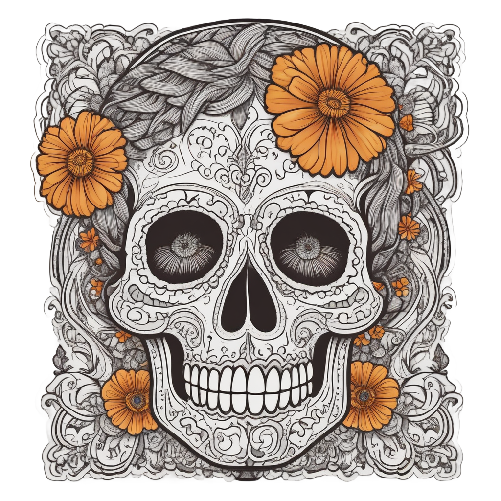 A marigold flower transforming into a calavera skull in orange and yellow lineart.