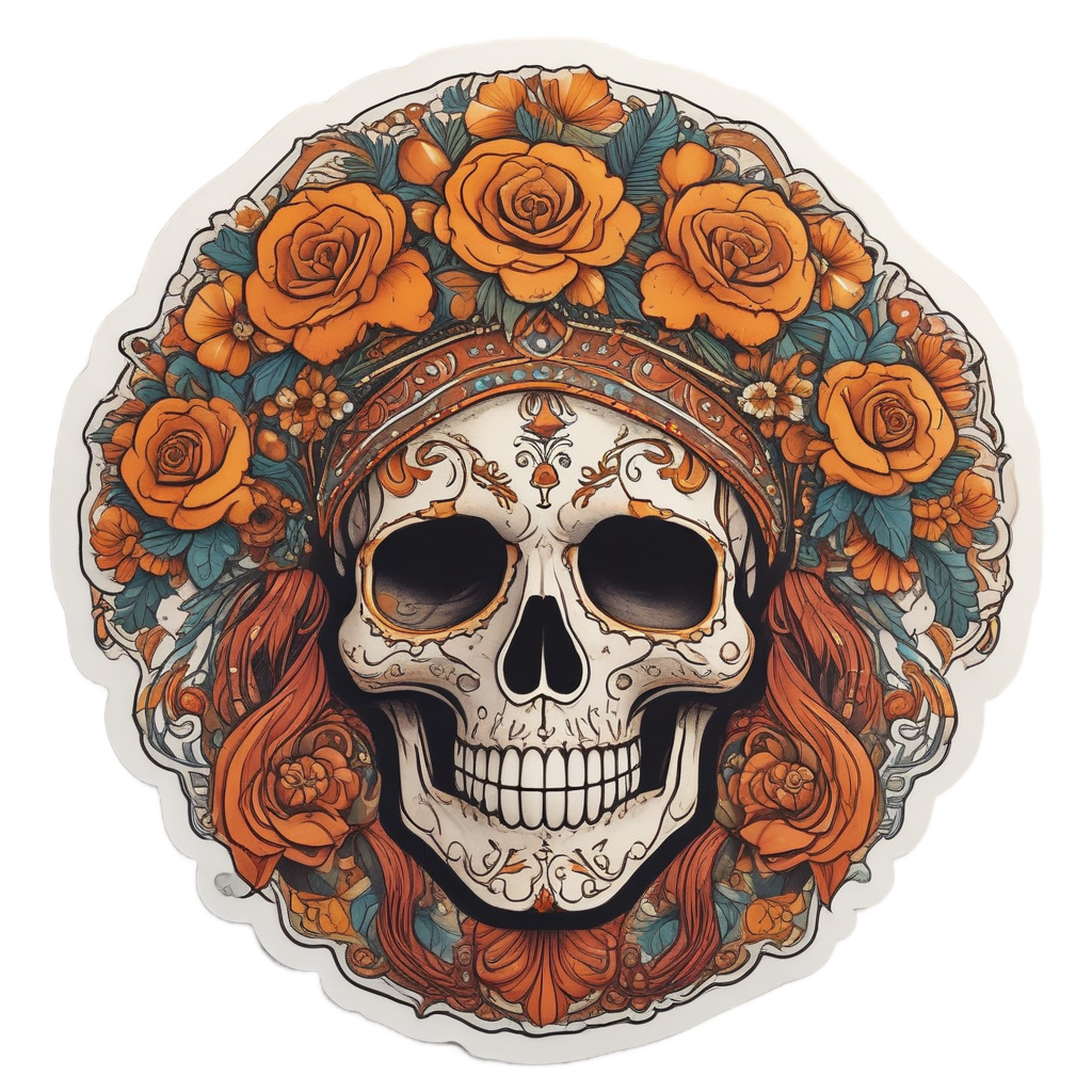 Dancing boho skull with flower crown and moon arch, warm terracotta and marigold tones