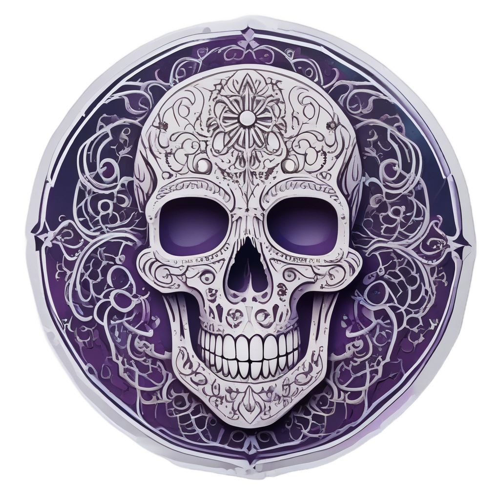 Papercut calavera with arms open surrounded by stars, purple and silver, dreamy mood