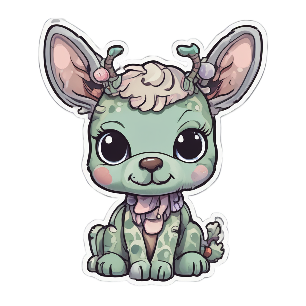 A kawaii zombie deer with bandage and brain lollipop, looking dazed.