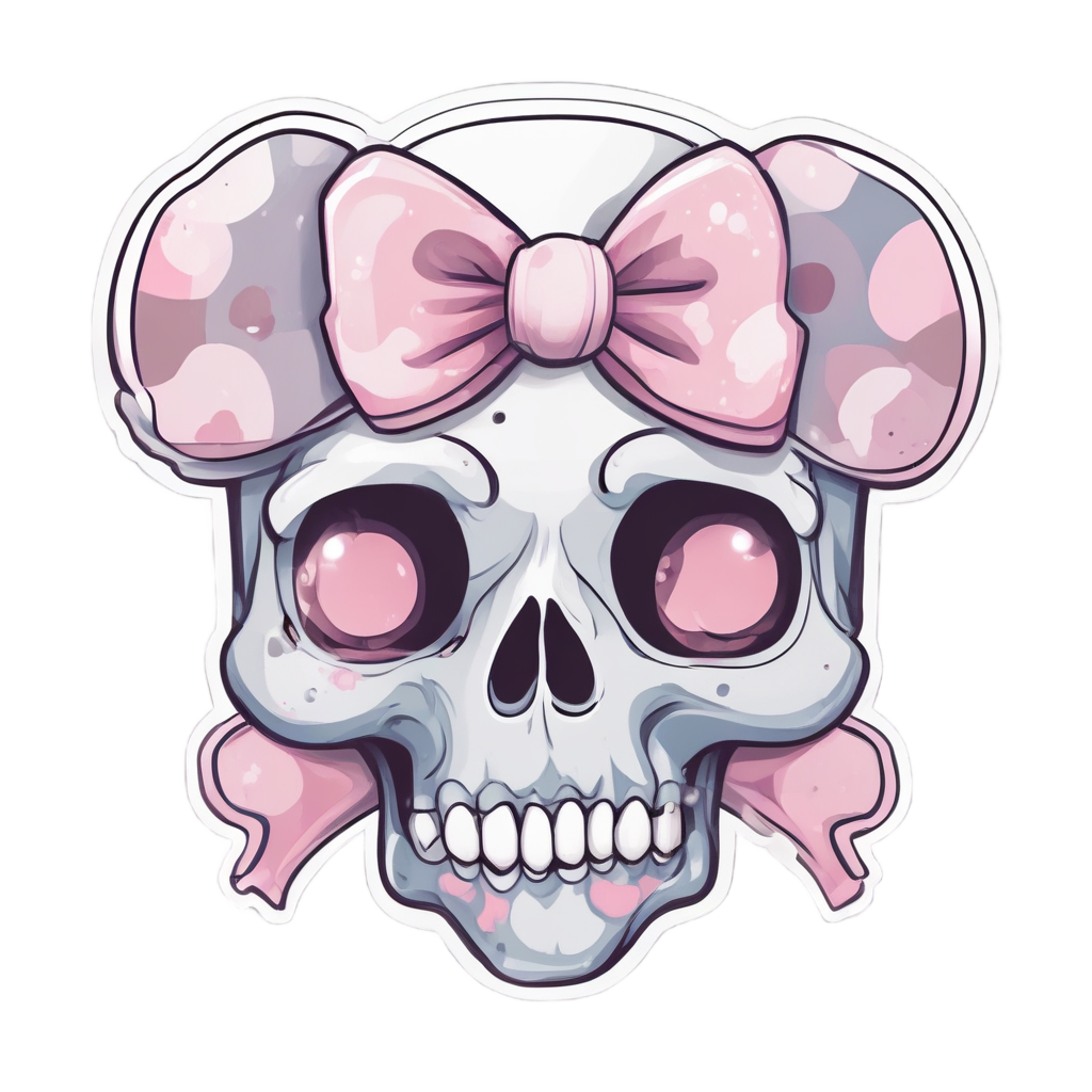 A grey skull with pink camo and a bow, blushing heavily