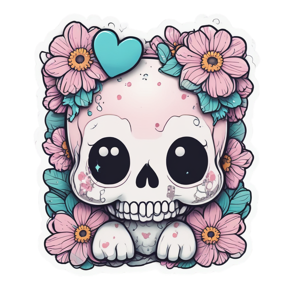 Kawaii camo skull with heart eyes and a daisy